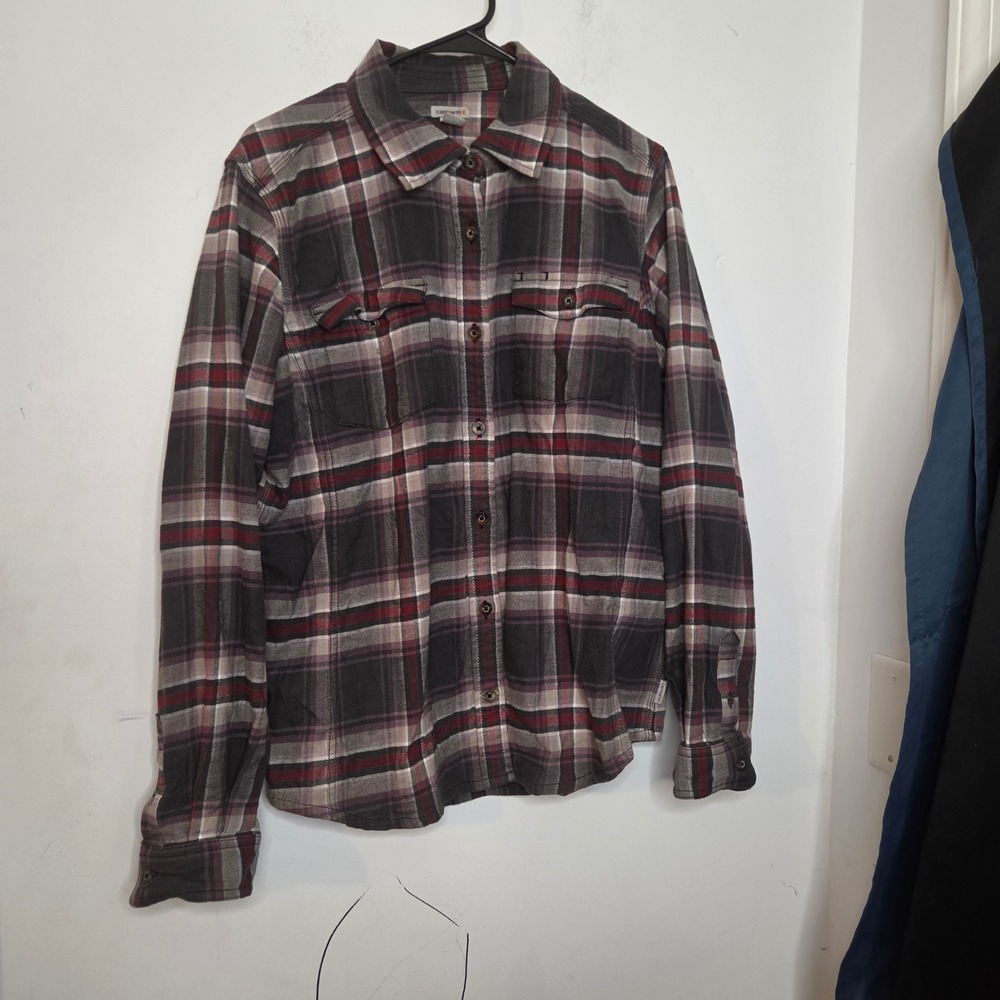 Carhartt Girls Plaid Flannel Button Down Shirt Grey Burgundy Size L 12/14